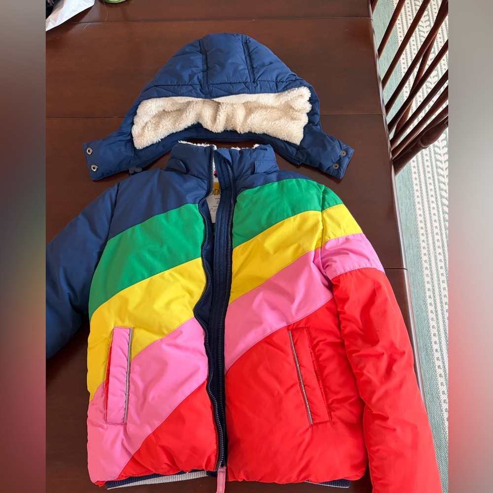 Mini Boden Colorblock Puffer Jacket with Detachable Hood - Rainbow Stripe